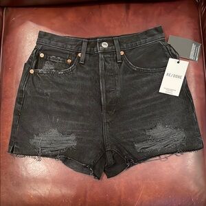 Re/Done Black 70s Ultra High Rise Stove Pipe Jean Shorts Distressed Size 26